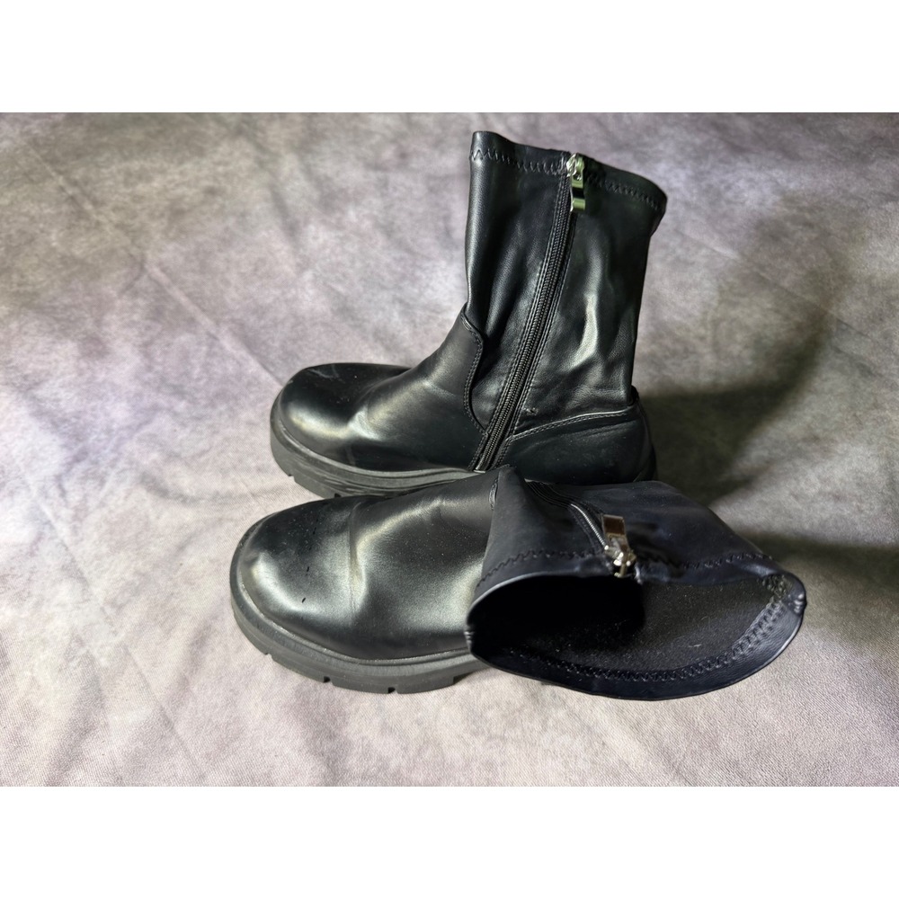 Laced Up Black Faux Leather Chunky Platform Lug Sole Sock Boots Womens 9